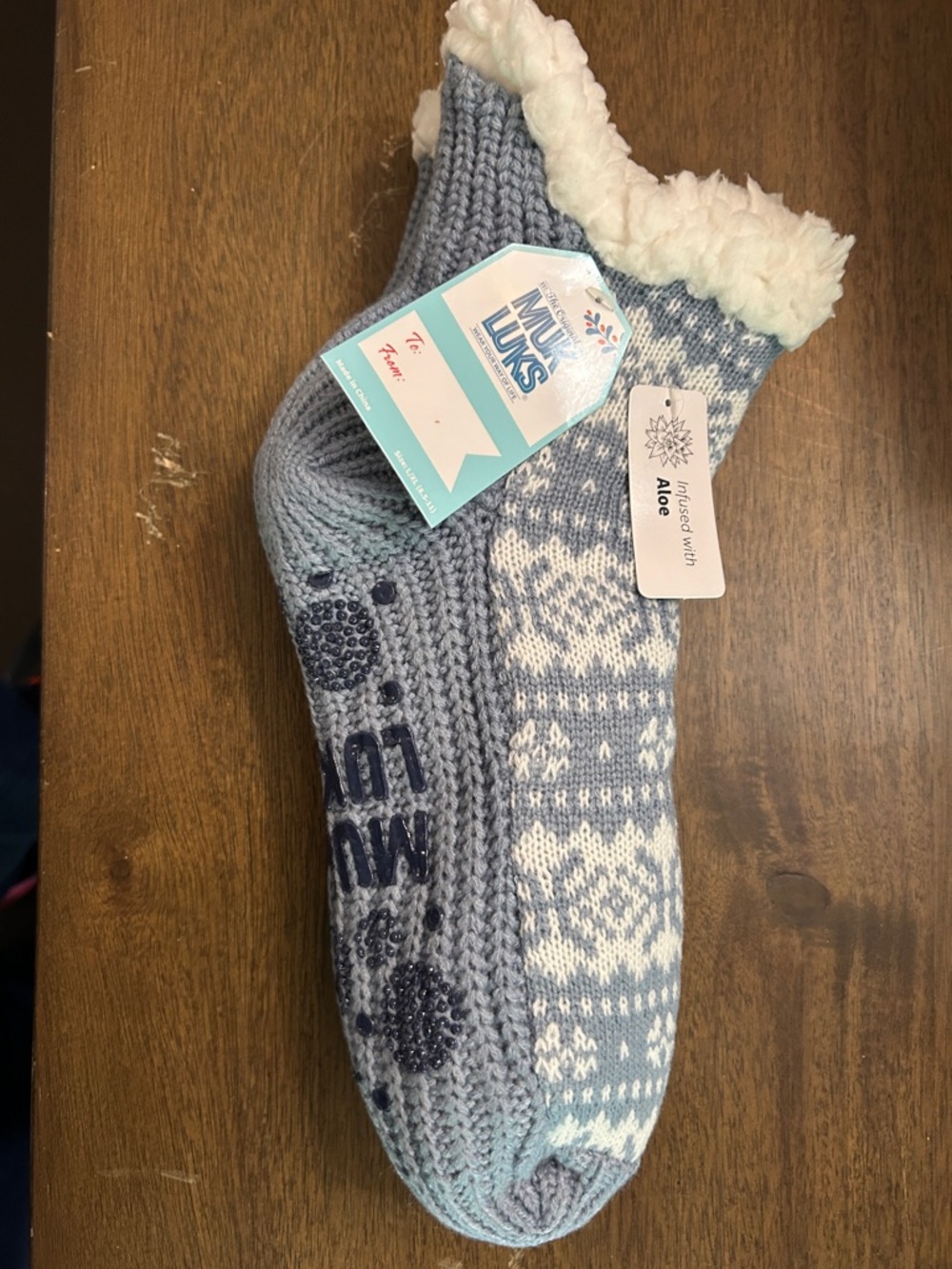 Muk Luks Light Blue & White Fleece Lined Slipper Socks Size 8 1/2 - 11 New